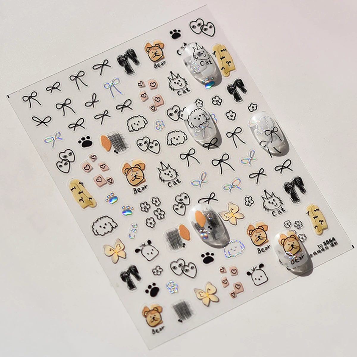 1 stks leuke schetsen graffiti dier kat hond konijn beer laser reliëf puppy nail art sticker ontwerpen zelfklevende decoratie