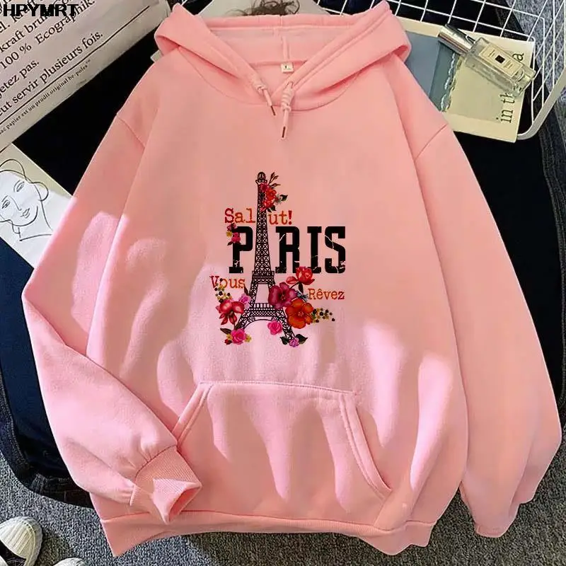 

2022 Spring Autumn Street Fashion Hooded Tops romantic Paris Eiffel Tower Cartoon Graphics print ladies Casual pocket Sweatshirt