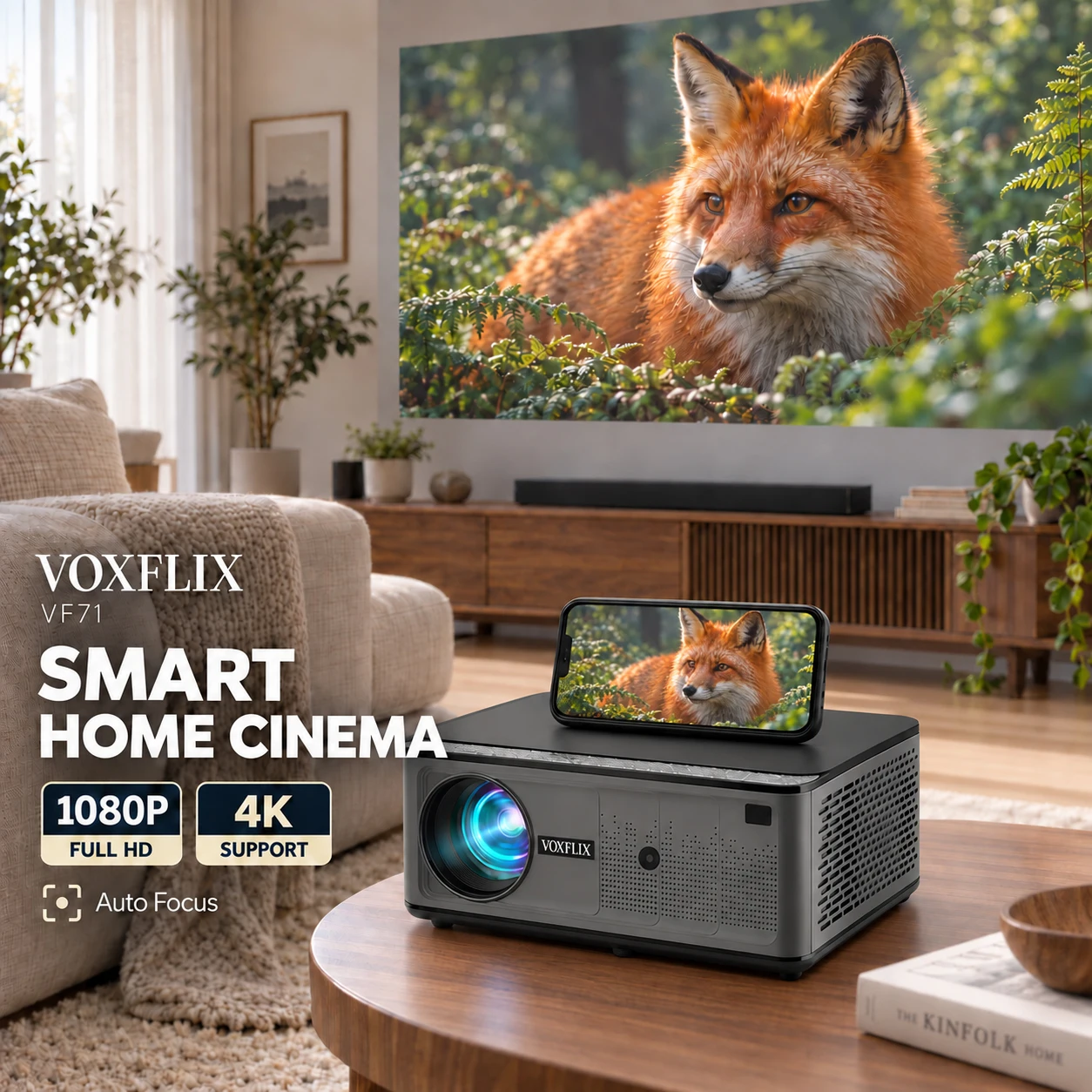 VOXFLIX VF71: nuevo proyector Full HD 1080P con soporte 4K, Android 12, enfoque automático y corrección trapezoidal automática, WiFi y