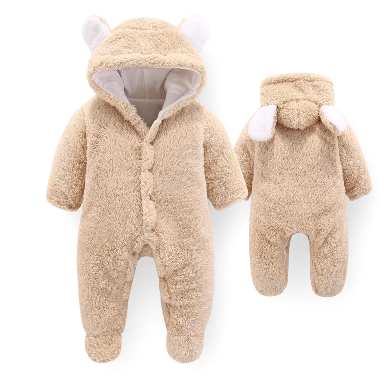 2024 Baby Warm Hooded Bodysuit Boys Solid Color Fashion Crawling Clothes Autumn Winter New Girl Cute Casual Comfortable Jumpsuit