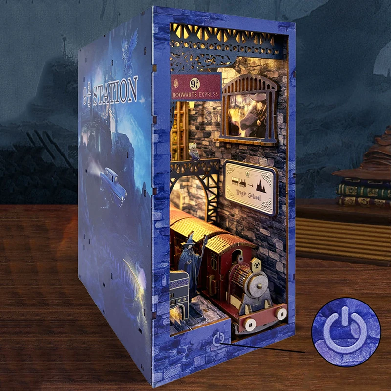 Fai da te in legno 9 3/4 stazione magica libro angolo scaffale inserto kit modello in miniatura con mobili libreria fermalibri per gli amici regalo