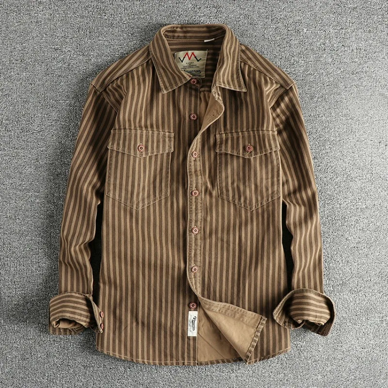 KIDWHXR Man Spring Autumn Shirts Vintage Striped Single-breasted Pocket Male Cargo Shirts Loose Casual Long Sleeve Men Tops