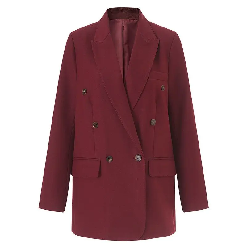 

Elegant Wine Red Double-Breasted Women's Suit Jacket Autumn Winter Fashion Trendy Commute Style Loose Fit Long Sleeve Coat