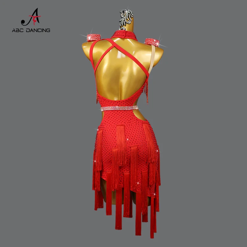 Traje de dança latino vermelho com pendão para mulheres, roupas de competição de samba, saia sexy feminina, festa esportiva para adultos, novo