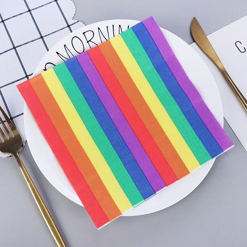 Colourful Printed Napkins Striped Printed Cloth Paper Wedding Party Tissue Rainbow 2 Layer 20pcs/pac Food Grade Paper Placemat