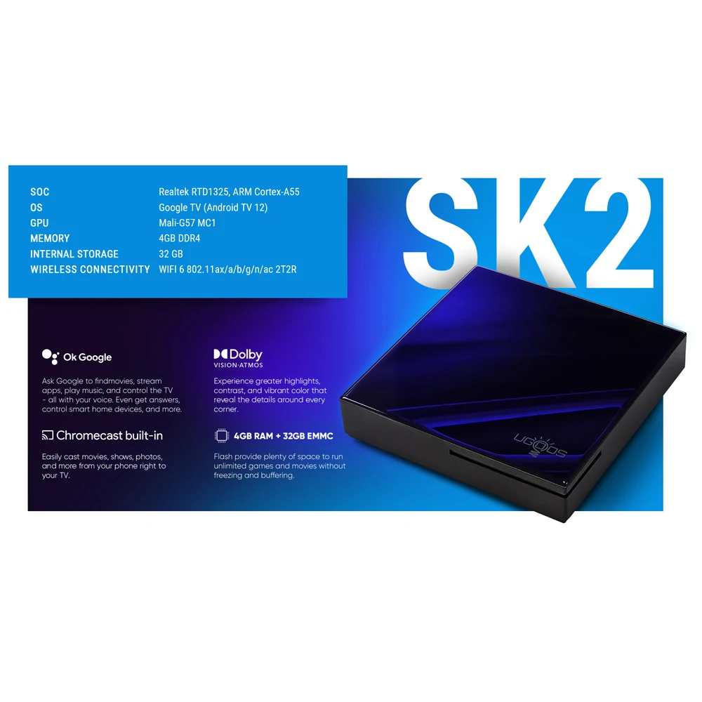 Ugoos SK2 Smart TV Box 4K Certificato Google Realtek RTD1325 ARM Cortex-A55 Android 12 Wifi6 BT5.2 Lettore multimediale Set Top Box