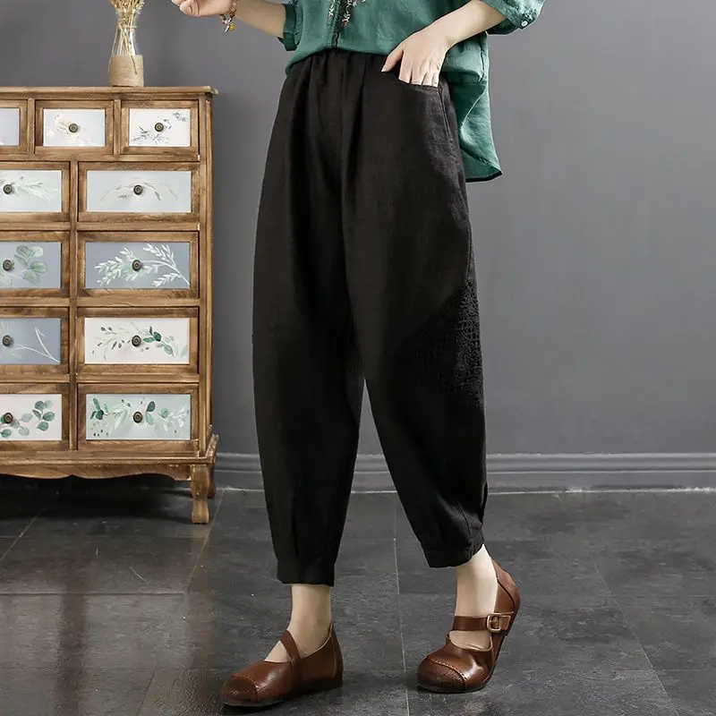 

Укороченные брюки, однотонные хлопковые и льняные брюки для женщин, большие размеры, корейская мода, шикарные элегантные наряды, винтажные женские брюки 90-х годов