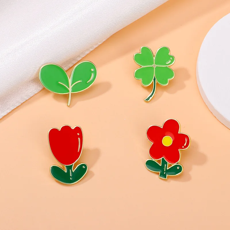 New Cute Plants Saffron Badge Clover Green Leaf Red Plum Flower Brooch Clothes Bag Hat Pin Gift