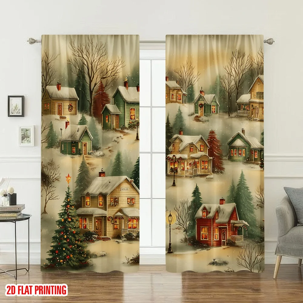 2 قطعة 2D الطباعة المسطحة عيد الميلاد ستائر الحفلات دافئ عيد الميلاد قرية الشتاء مشهد الرقمية المطبوعة البوليستر الستائر احتفالية #6