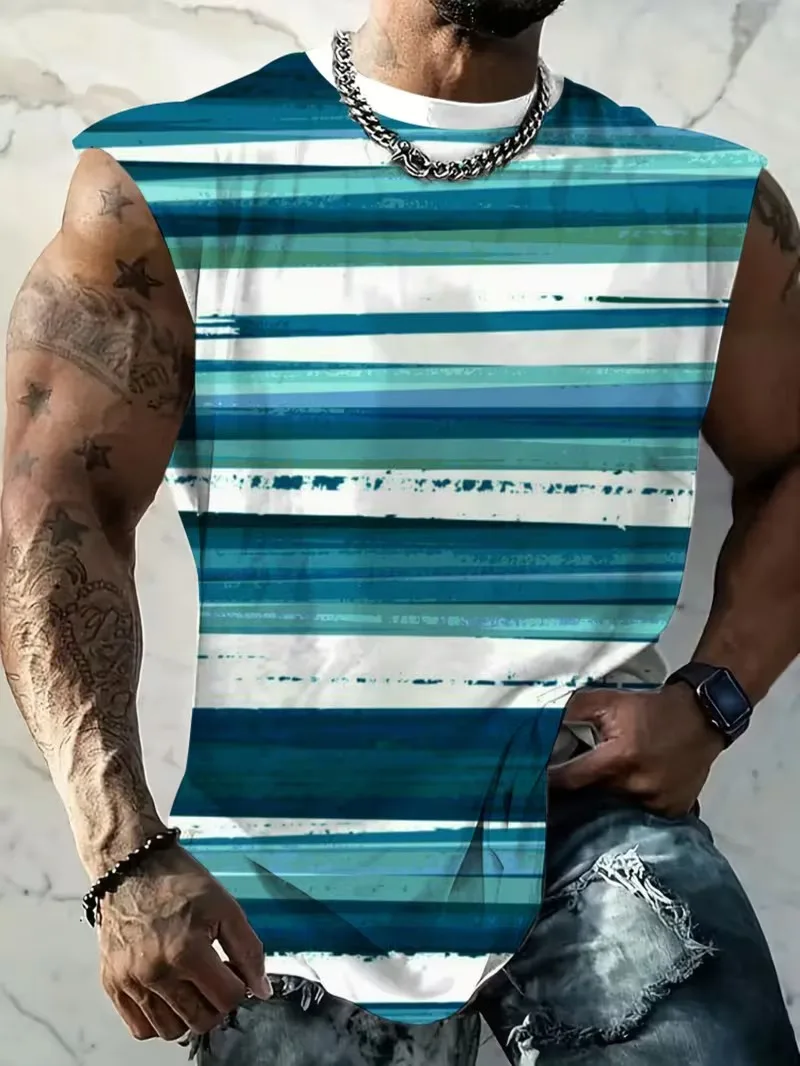 

3D Printed Colorful Stripes Tank Top For Men Color Block Pattern Tees Summer Casual Loose Street Sports y2k Round Neck Vest Tops