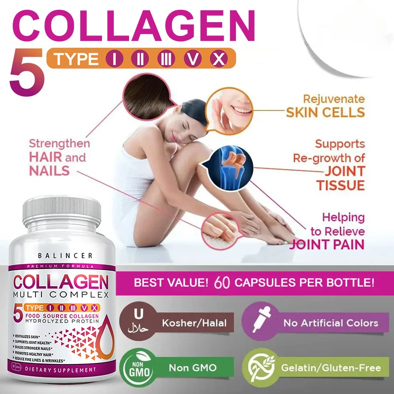 Balincer Hydrolyzed Collagen Supplement - For Skin, Hair, Nail Health, Type I, II, III, V, X, Gluten Free | Non-GMO