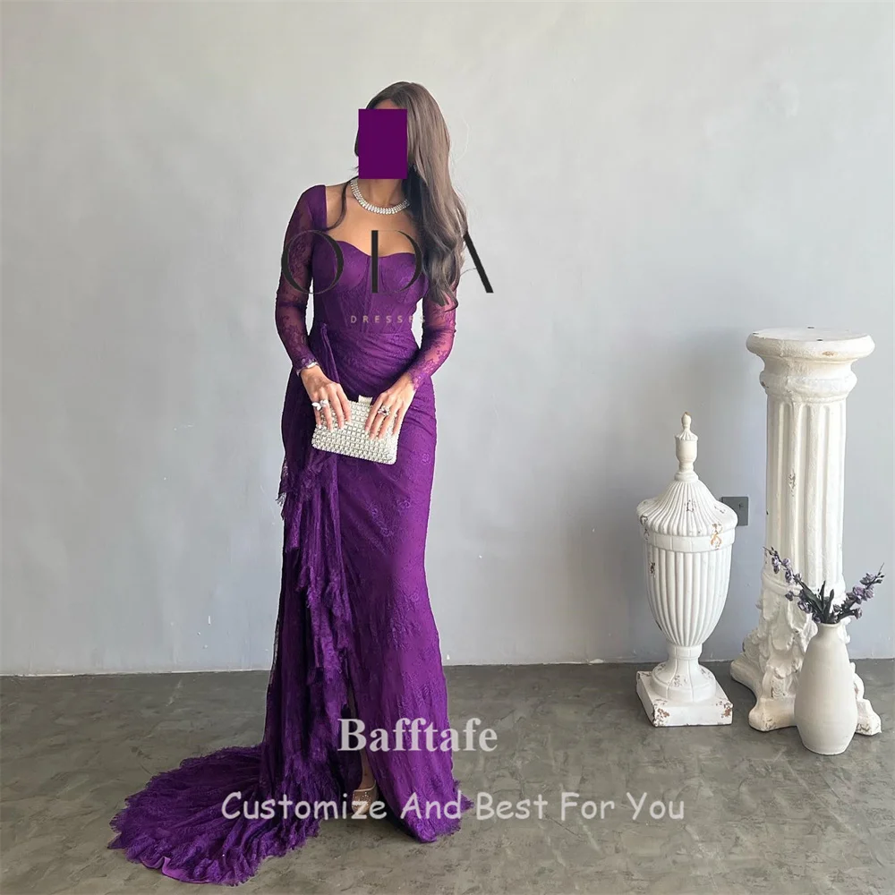 Mermaid Purple Lace Women Prom Dresses Customized Arabic Long Sleeves Slit Formal Evening Gowns Special Occasion Party Dress