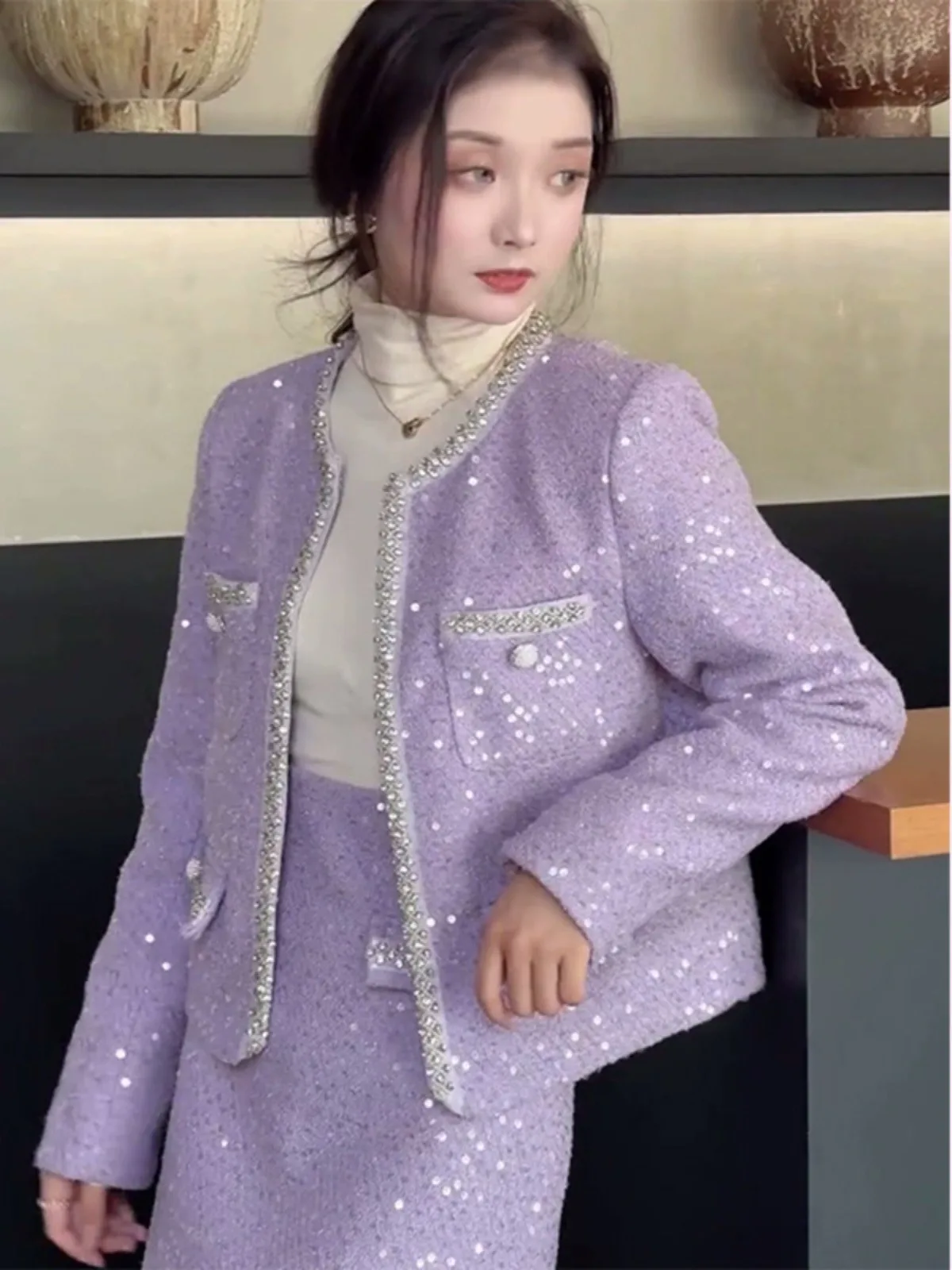 

Purple Chic Style Jacket for Women Autumn 2023: Elegant Socialite High-Class Youthful Fashionable Two-Piece Skirt Set Hot Sale