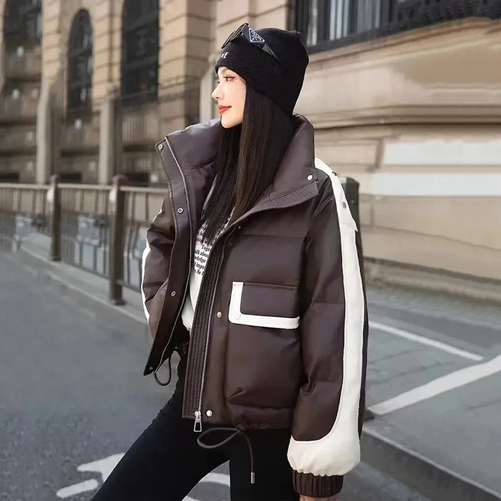 Pu Leather White Eiderdown Down Jacket Women's 2024 Autumn And Winter New Contrast Stitching Fashion Hooded Jacket Tide.