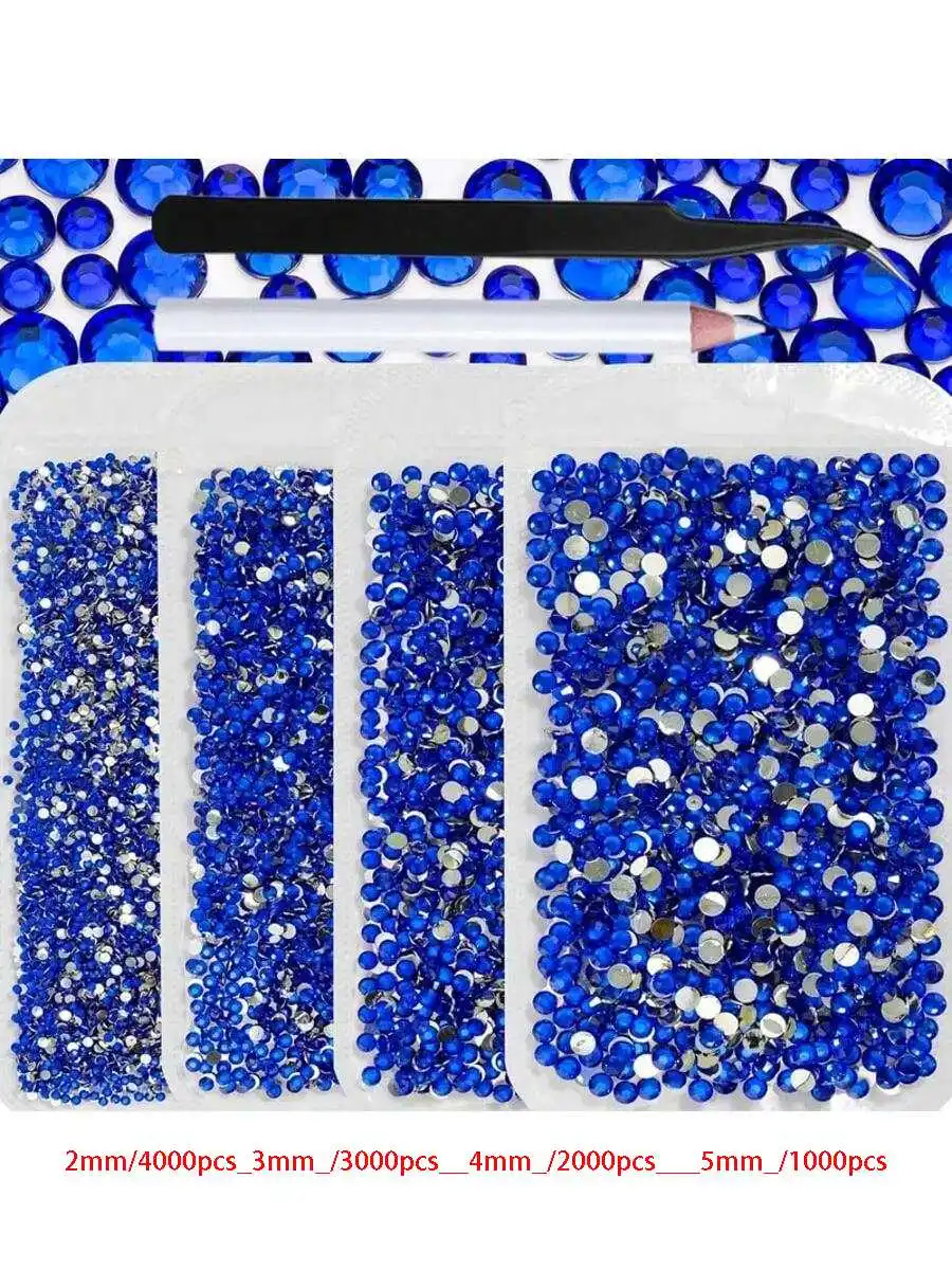 鮮やかなラインストーンの4袋セット、サイズは2mm、3mm、4mm、5mm、合計10000個、ピックとピンセット付き、ホットフィックスではありません。
