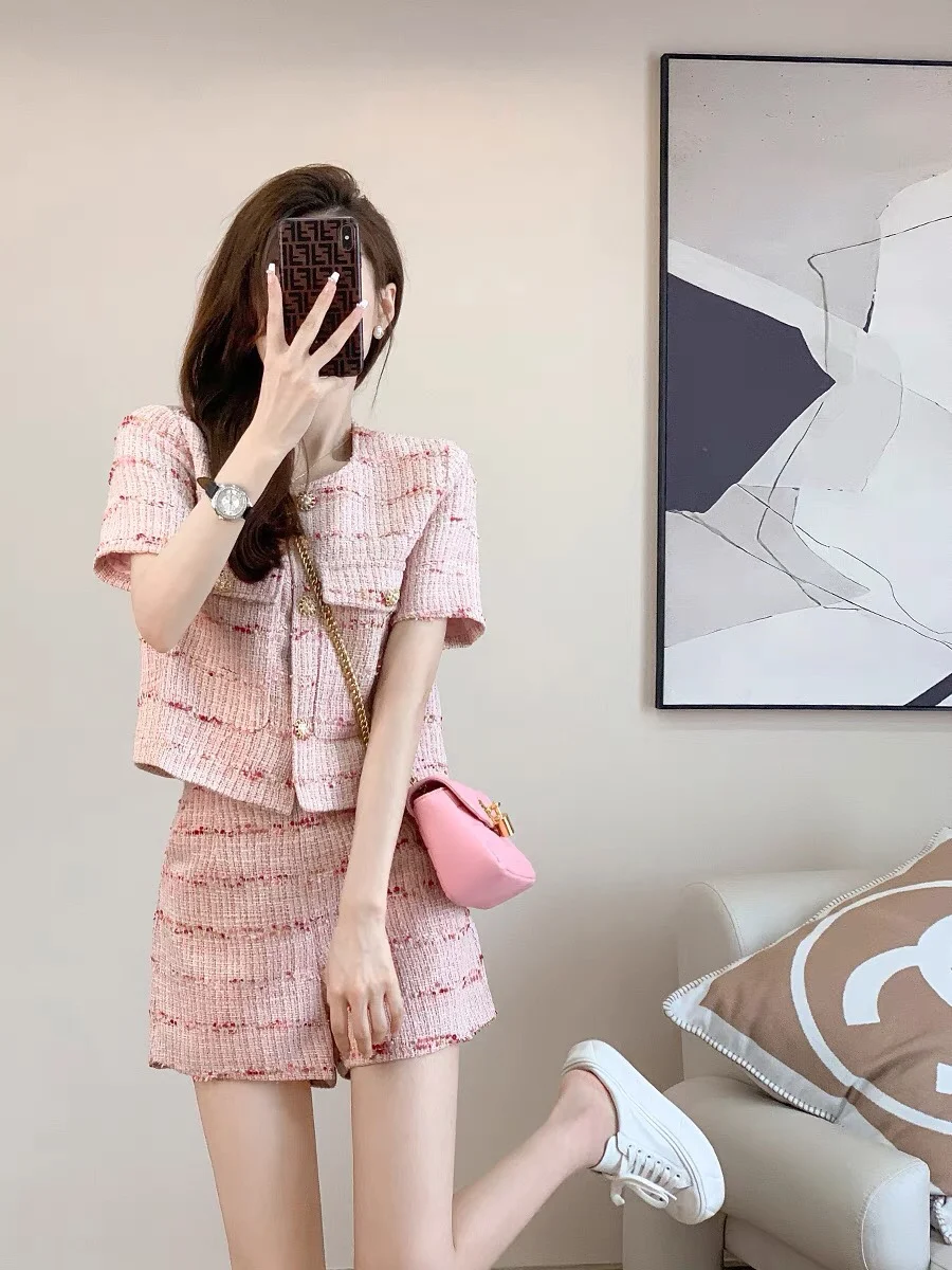 

Gothiscyn Casual Set Women's Summer Pink O-neck Short-sleeved Jacket High Waist Wide Leg Shorts Two-piece Set Female Clothes