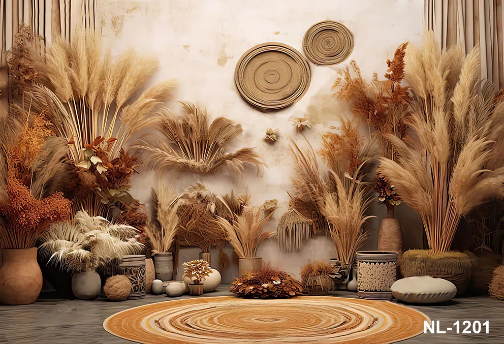 Boho pampas หญ้าดอกไม้พื้นหลังสำหรับถ่ายภาพงานเลี้ยงวันเกิดงานแต่งงานหญิงตั้งครรภ์ตกแต่งฉากหลังสตูดิโอถ่ายภาพ
