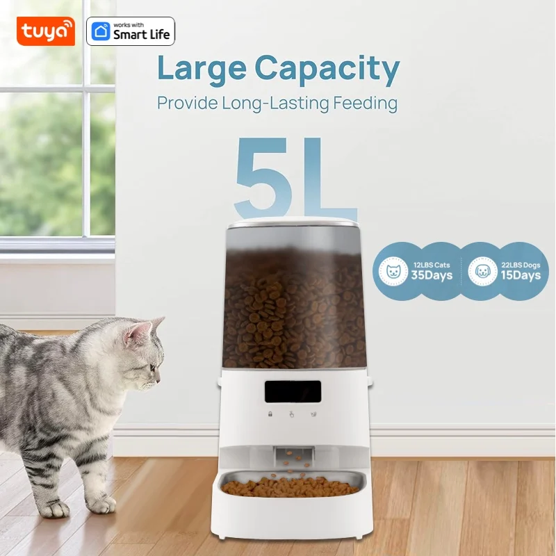 Tuya Smart Large Capacity Automatic Cat and Dog Feeder, APP Remote Control, 5L Cat Food Dispenser, Low Food Level Alarm