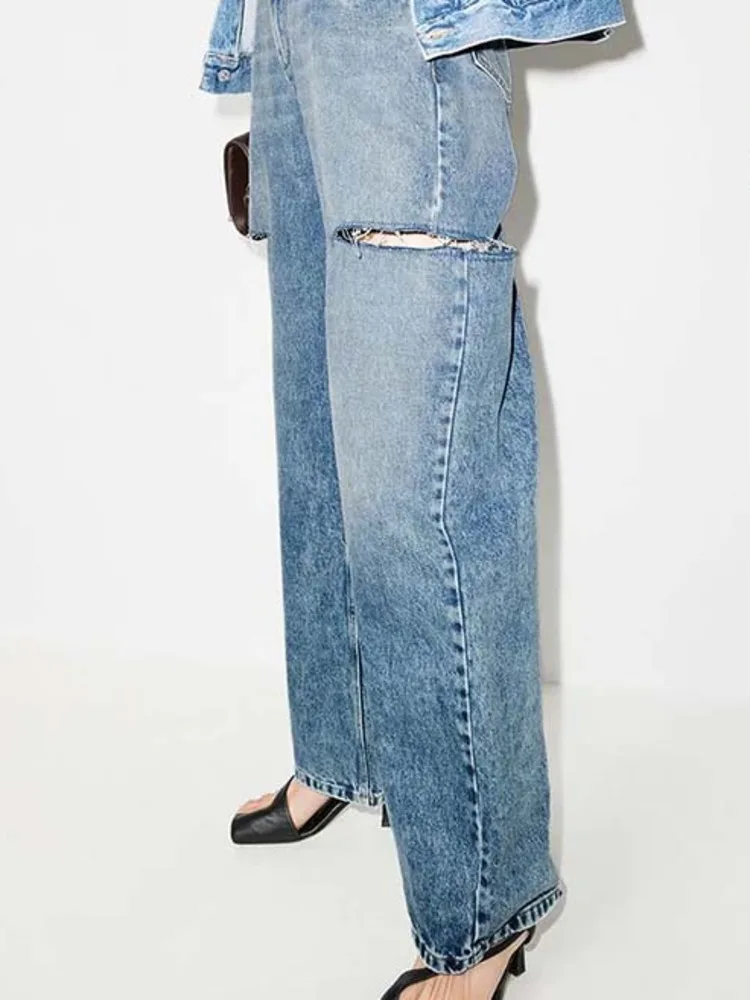 [oein] 2024 Women Summer Autumn Winter Knife Cuts Holes Pants Wide Leg High Waist Jeans Street Trendsetters