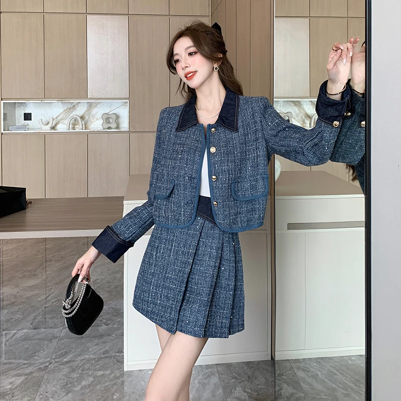 New Fall Winter Blue Tweed Skirt Suits Women Single Breasted Denim Patchwork Short Jacket Coat + Mini Skirt Sweet Two Piece Set