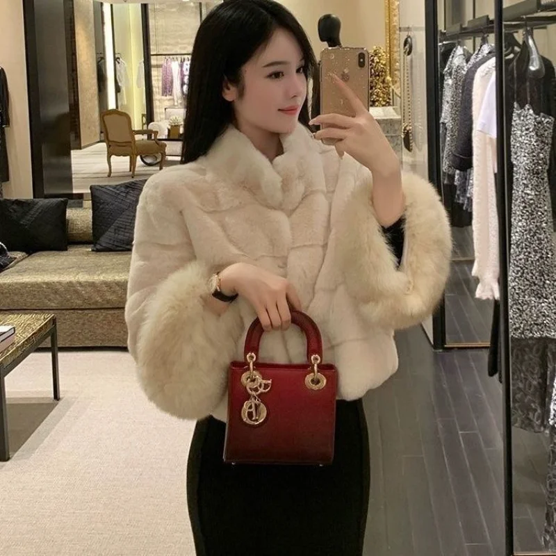 

2024 Winter New Fox Fur Sleeve Short Jacket Mink FashionStand-up Collar Luxurious and Eco-friendly Fur Thickened Warm Coat Y146