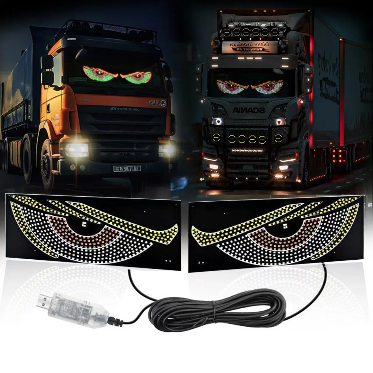 New Dynamic Devil's Eye Car Sticker LED Display Truck Front & Rear Windshield Glass Light Warning Light Decorative Light USB 5V