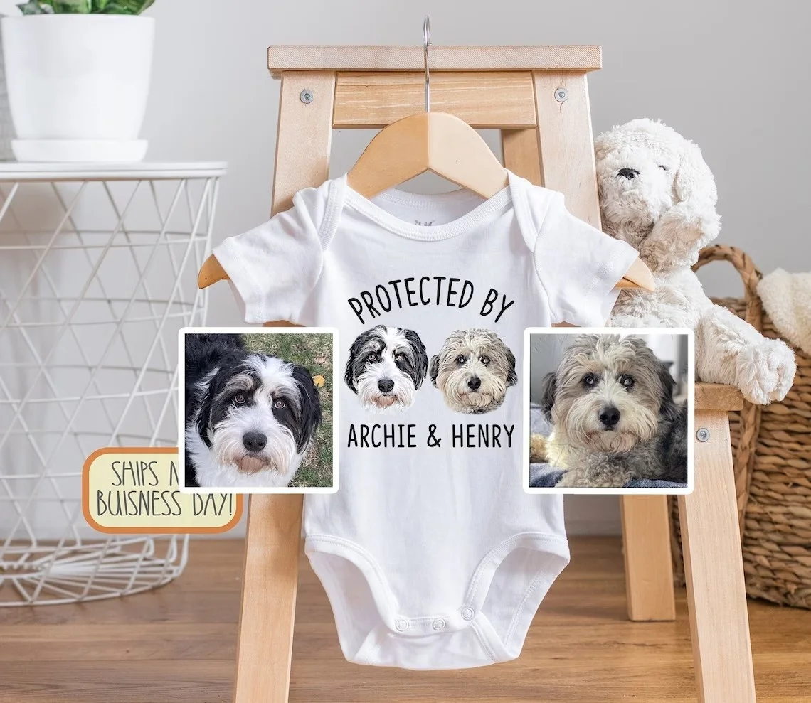 Protected by Pets , Digital Custom Dogs and Cats, Personalized Baby Shower Gift, Baby Girl, Baby Boy Bodysuit, Unique Baby Gift,