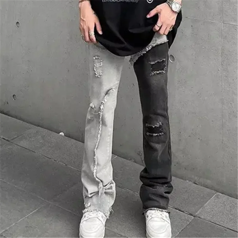 

Мужские джинсы Y2K Techwear, черные, с лоскутным дизайном, осенние, новые, с эффектом потертости, рваные, в стиле хип-хоп, винтажные, мужские брюки, панталоны homme