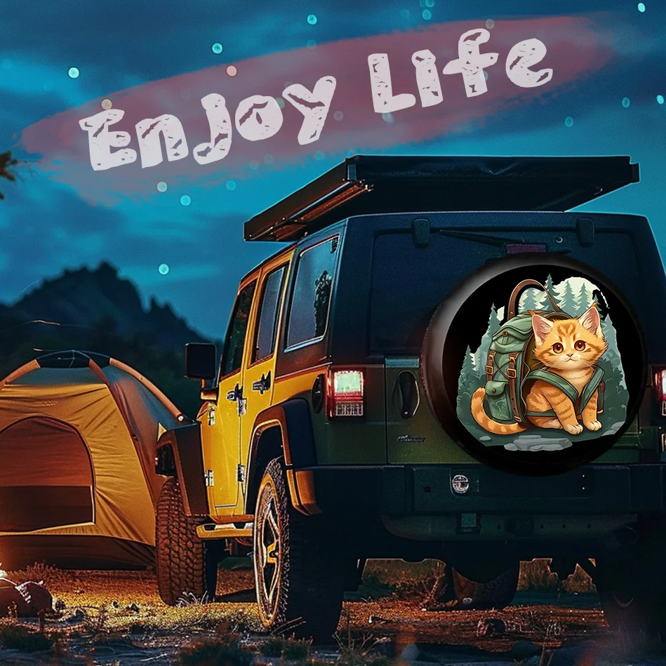 A Cute Little Kitten Carrying A Large Artistic Tire Cover - Made Of Durable Polyester, Suitable For Rvs, Suvs, Trucks, And Campe