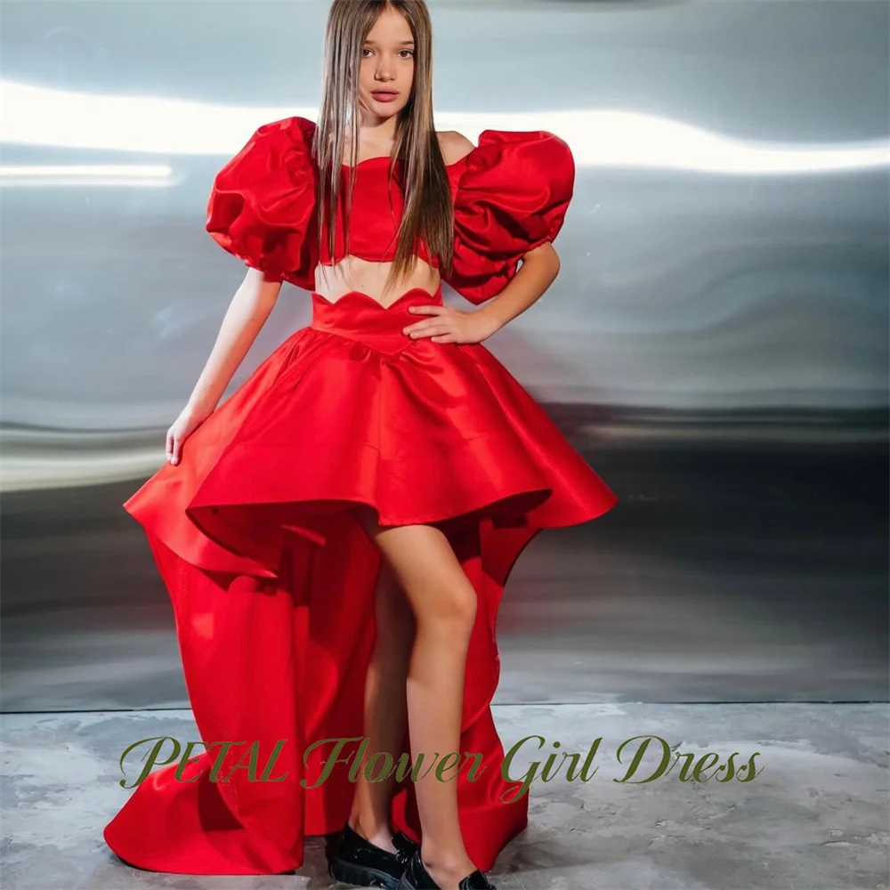 Petal Two Piece Children Birthday Wedding Dresses High Low First Communion Gown Bright Red Girls Princess Dress Customized
