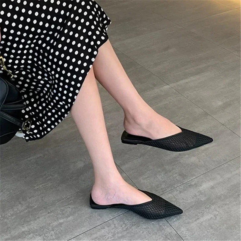 Women's Pointed Toe Slippers 2024 Summer Designer Mesh Beach Flat Shoes Slides Outside Mules Gladiator Sandals Zapatos De Mujer image 3