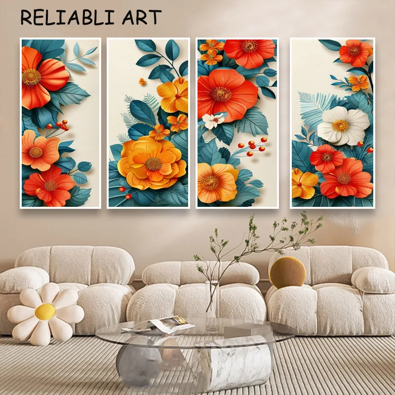 4pcs Red Yellow Flower Poster and Prints,Nordic Style Canvas Painting, Wall Art Pictures for Living Room, Home Decor, No Frame