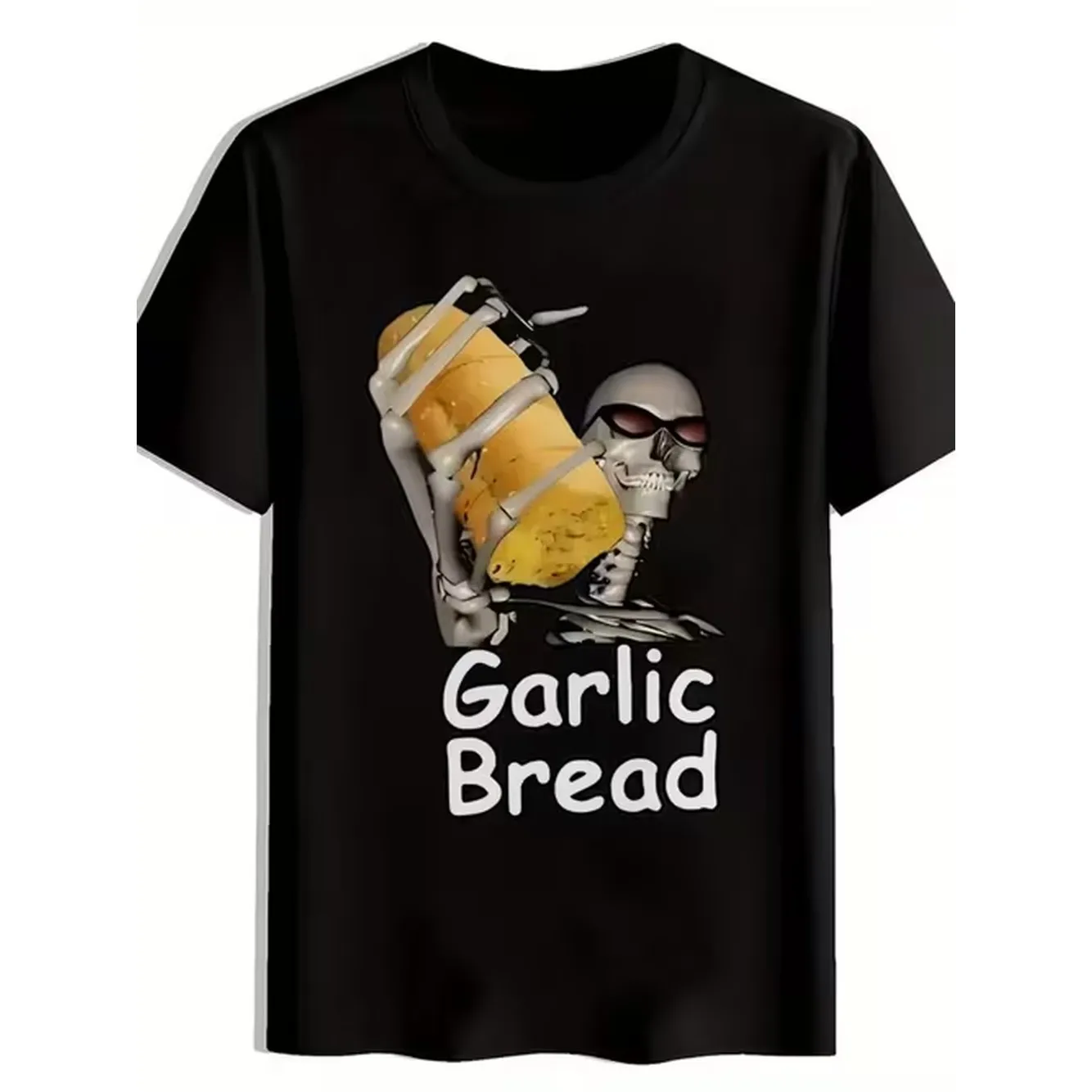 Mens black patterned t shirt funny garlic bread skull design casual crew neck short sleeve t shirt lightweight a must have for summer humor casual summer wearavant garde fashion toplightweight t shirt
