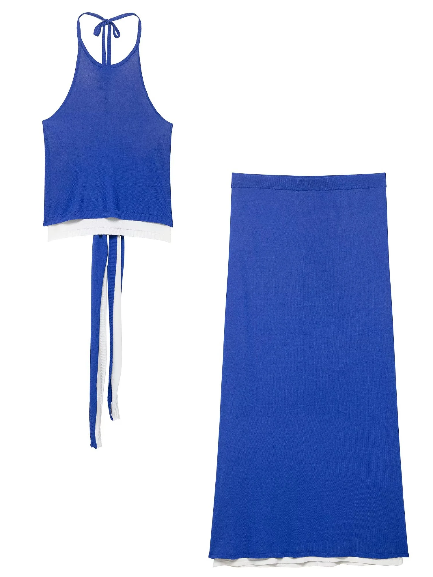 

Women Summer Long Skirt Suits 2 Piece Set Asymmetrical Thin Skirt Sets Blue Color Hanging Collar Tops Women Suit Sets
