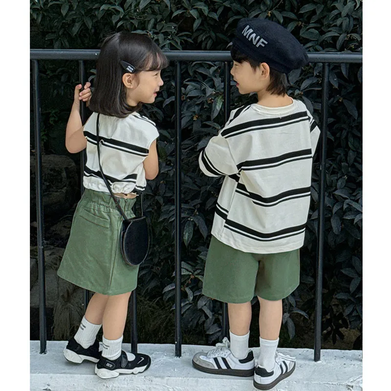 Children Twins Clothes Brother Sister Matching Outfit Korean Boy T Shirt Shorts 2 Pieces Suit Kids Girl Vest Skirt Two Piece Set