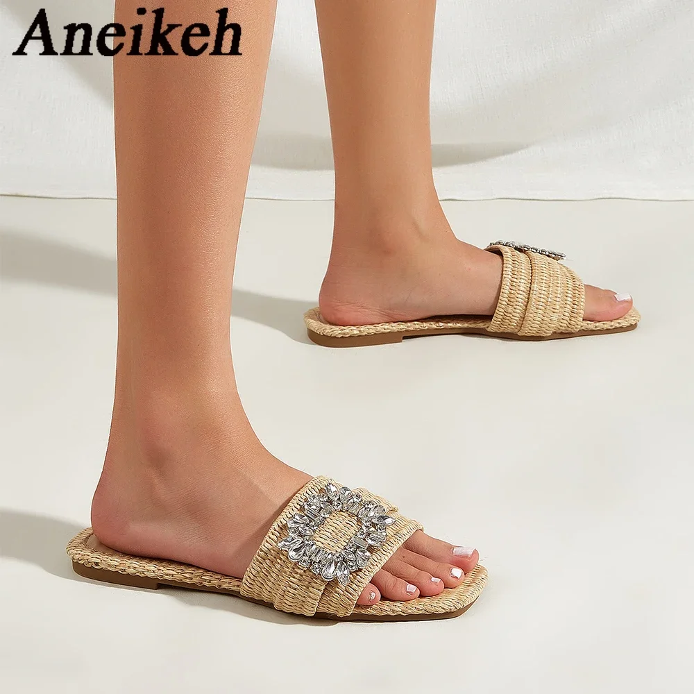 Aneikeh Summer Casual Fashion Square Headed Cane Knitted Flat Heels for Women Slippers Flat Bottom Crystal Sandals Beach Slides