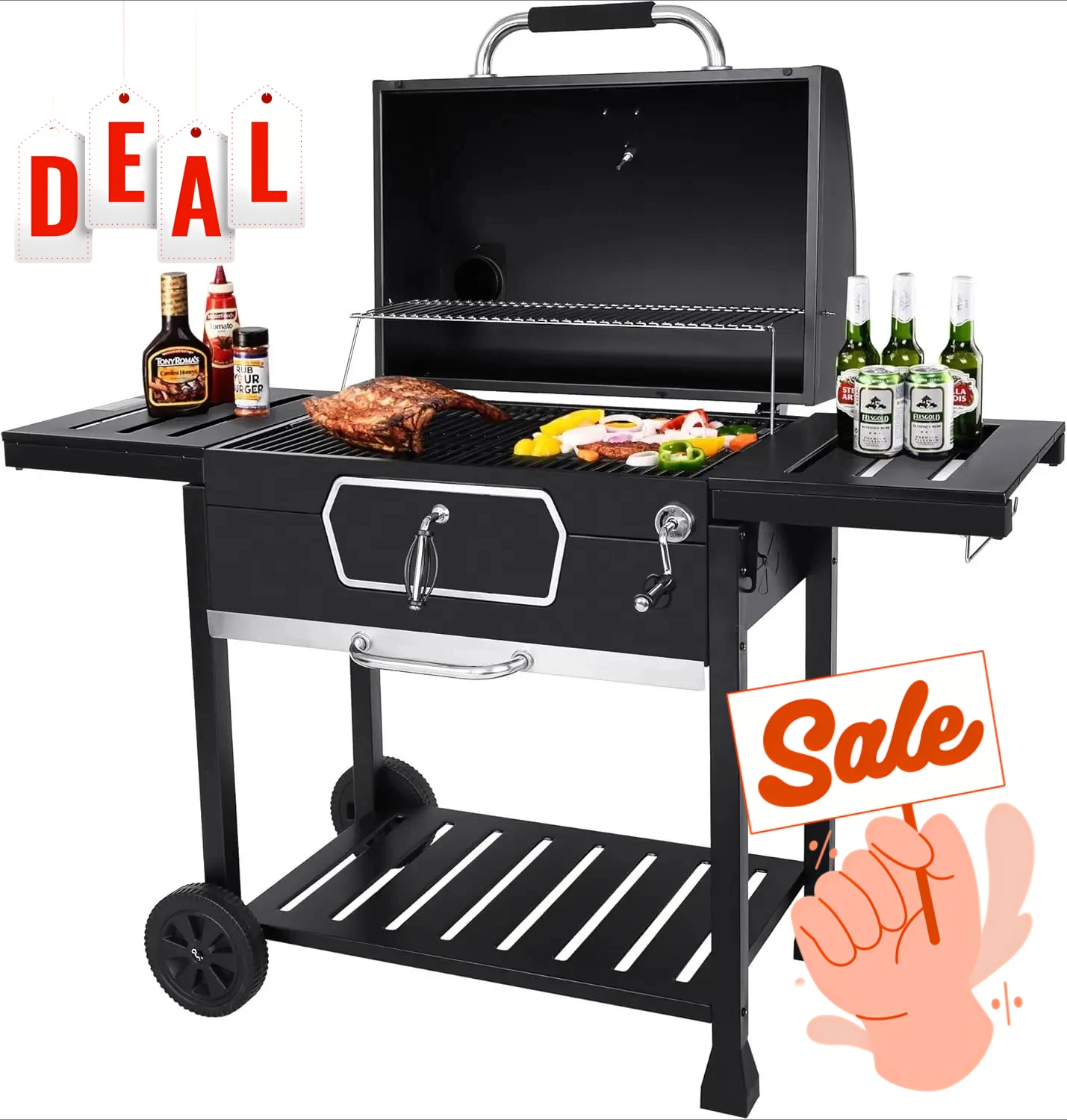 

CD2030AN 30-дюймовый угольный гриль, роскошный барбекю, курильщик, пикник, кемпинг, патио, приготовление пищи на заднем дворе, черный, большой