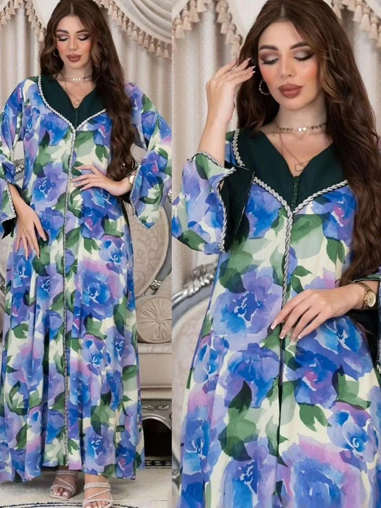 Eid Muslim Party Dress for Women Morocco Print Dresses Ramadan Lace-up Abayas Kaftan Islam Embroidery Dubai Arab Long Robe 2024