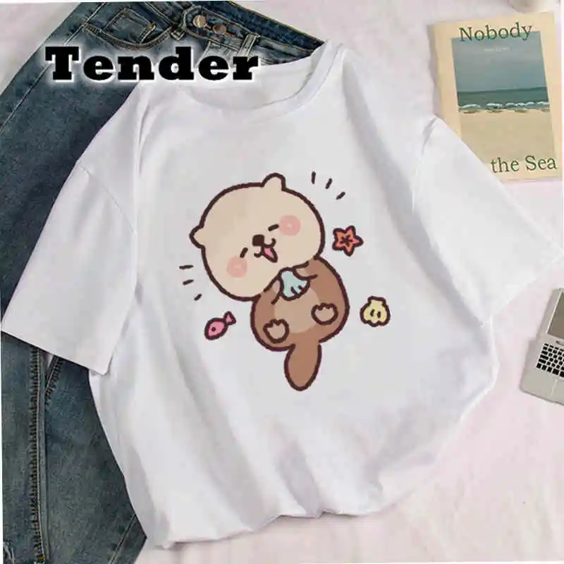 Summer T-shirt Women Animal Print Otters Design Casual Cute Short Sleeve Breathable T Shirt Female White Tops Graphic Tees 2022