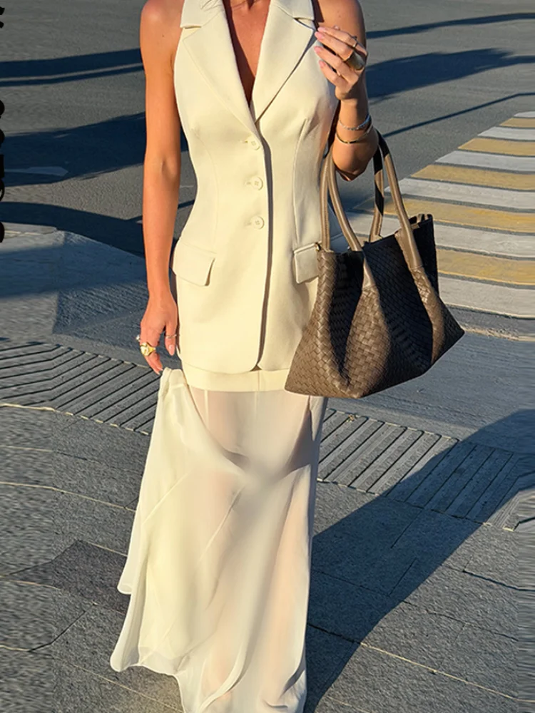 Sleeveless Blazer Skirt Suit Notched Lapel Waist Tied Backless Top With Sheer Mesh Long Skirts Chic Banquet Outfits For Women view 6