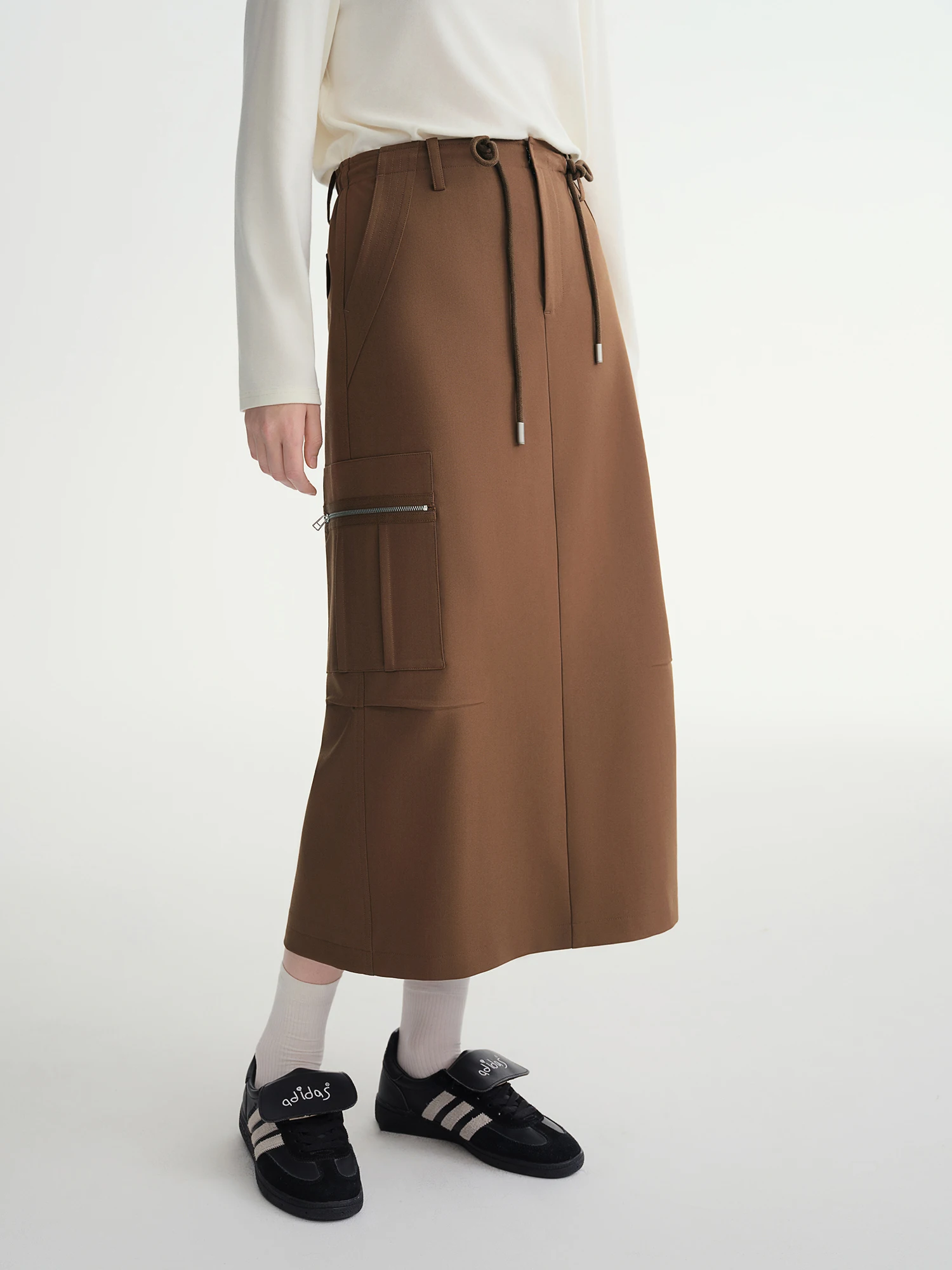 DUSHU Drawstring Design Workwear Style Skirt 2025 Autumn and Winter New Style Drawstring Design High Waist Mid-length Skirt