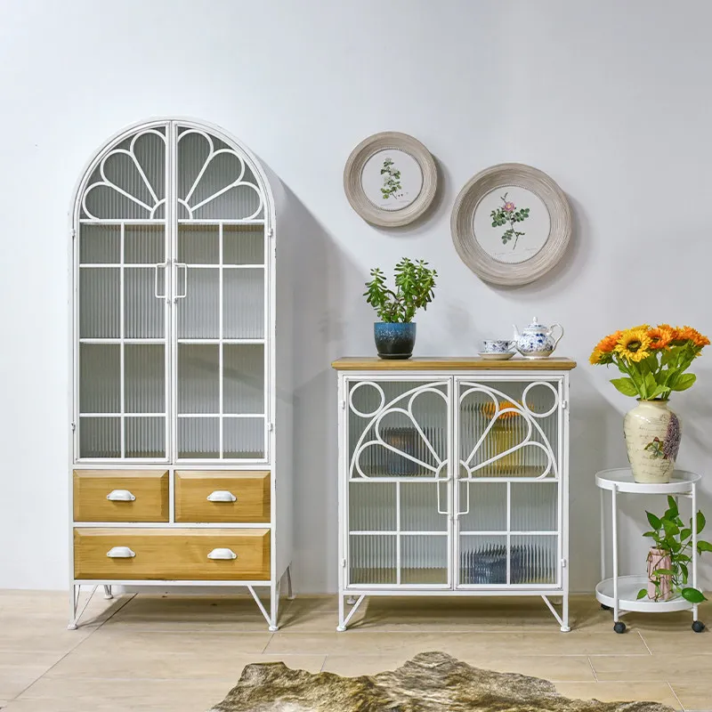 Retro wrought iron bookcase with glass door Home high cabinet Living room display cabinet Figure ornament Lego storage cabinet