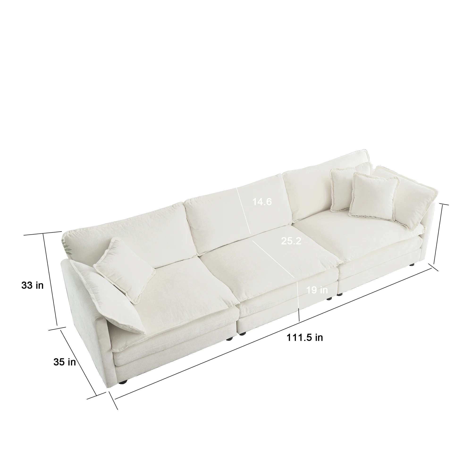 Free Combination Comfy Upholstery Modular Oversized L Shaped Sectional Sofa 3-Seater Double Bag Chenille Sofa W/Ottoman White