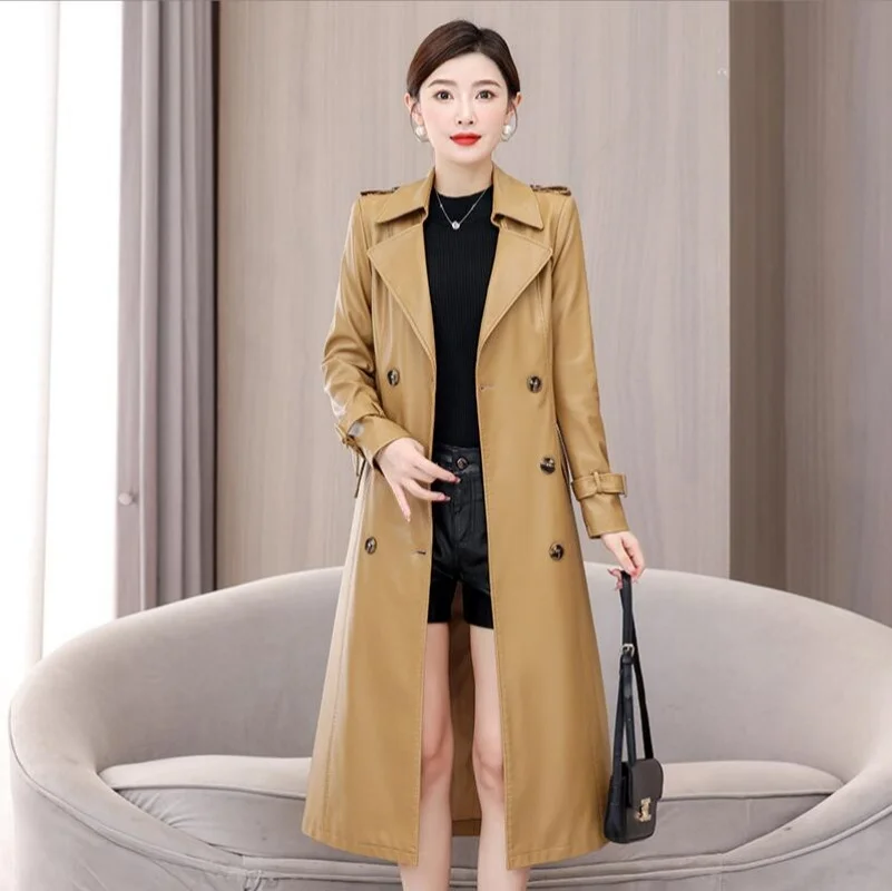 Outono inverno duplo breasted longo luxo engrossar jaqueta de couro falso trench coat feminino faixas designer moda casaco