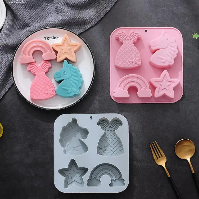 Cartoon Porous Unicorn Silicone Chocolate Mold Mermaid Candy Cake Ice Baking Mould Diy Star Rainbow Soap Candle Making Gifts