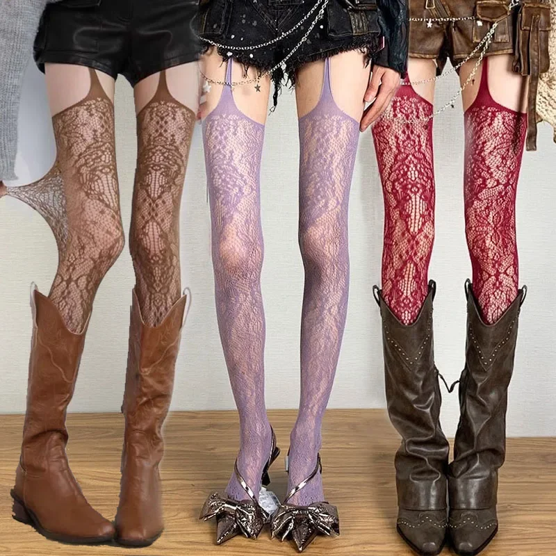 

Прозрачные ажурные чулки с принтом, женские сексуальные цветные ажурные чулки до бедра, готические японские колготки выше колена в стиле Лолиты, новые