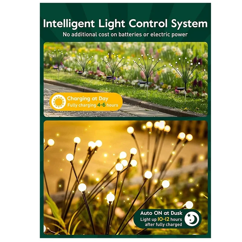 태양열 정원 조명, 따뜻한 흰색 조명 모드, 바람에 의한 흔들림, 방수 태양열 반딧불 조명, 4 팩, 8 LED