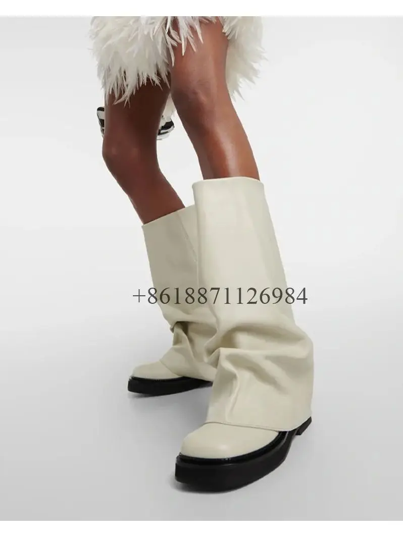 여성용 진짜 가죽 솔리드 라운드 토 미드 카프 플랫폼 나이트 부츠, 청키 로우 힐 슬립온 디자인, 대형 사이즈 신발