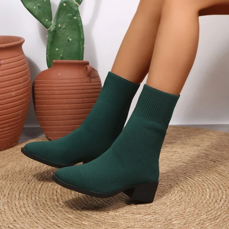 2026 Neue Einfarbige Damen-Strickstiefel bis zur Wadenmitte, Modische Stiefel mit Quadratischem Absatz, Elastische Stiefel für Herbst, Outdoor, Slip-on, Partyschuhe, Größe 43 – Detail 13