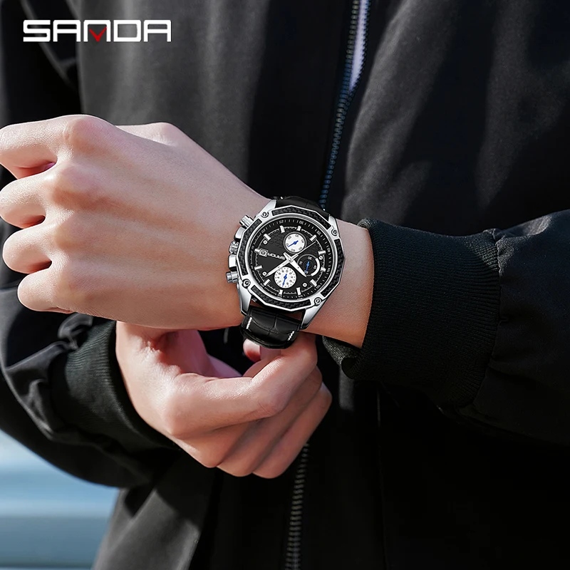 SANDA جديد 5301 ساعة كوارتز رجالية بثلاث عيون وستة إبر مقاوم للماء التقويم ليلة ضوء الأعمال ساعة كوارتز رجالية